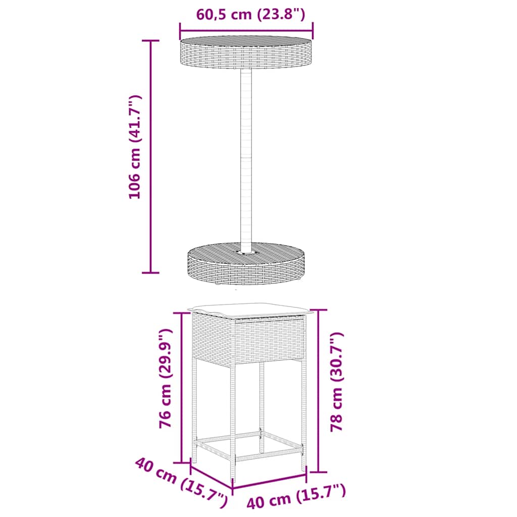 vidaXL 3-delige Tuinbarset met kussens poly rattan zwart