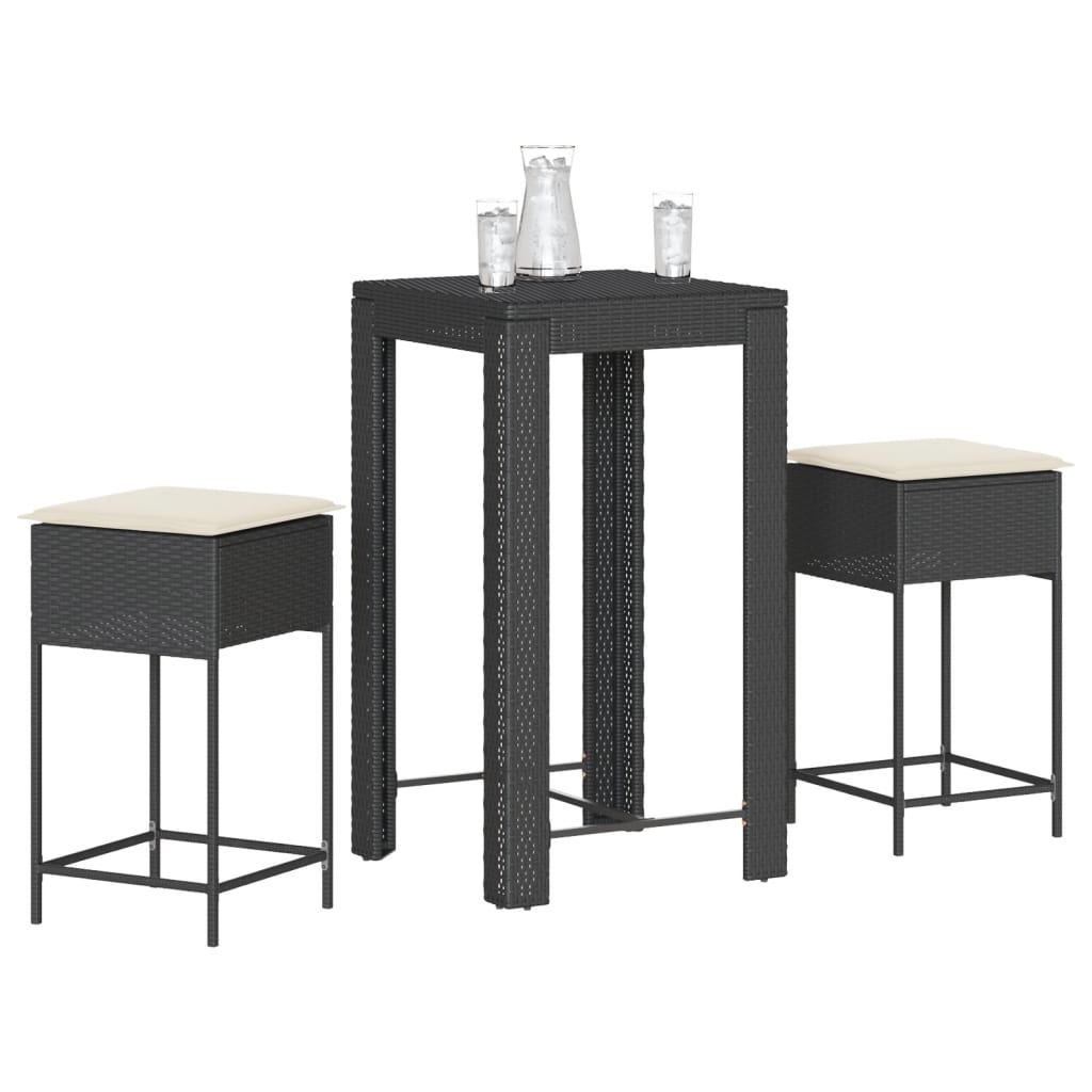 vidaXL 3-delige Tuinbarset met kussens poly rattan grijs