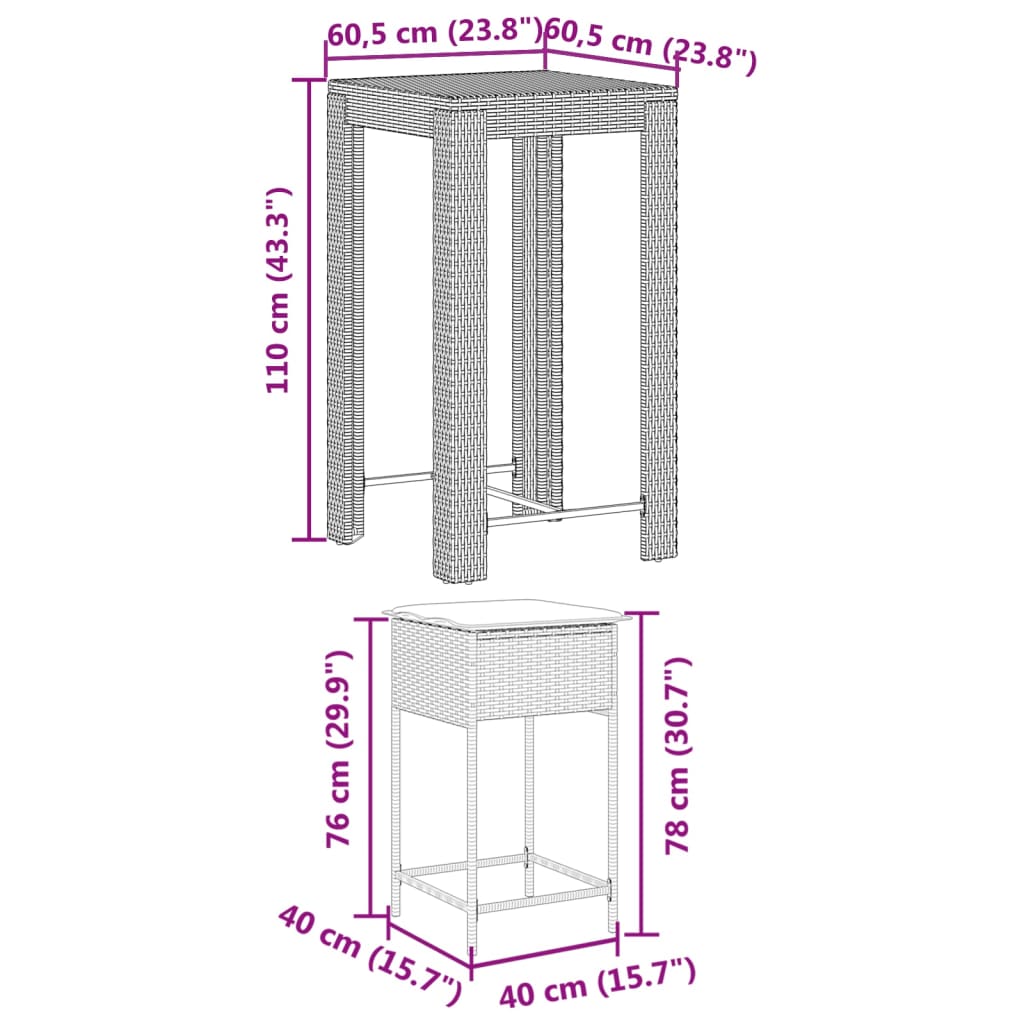 vidaXL 3-delige Tuinbarset met kussens poly rattan grijs