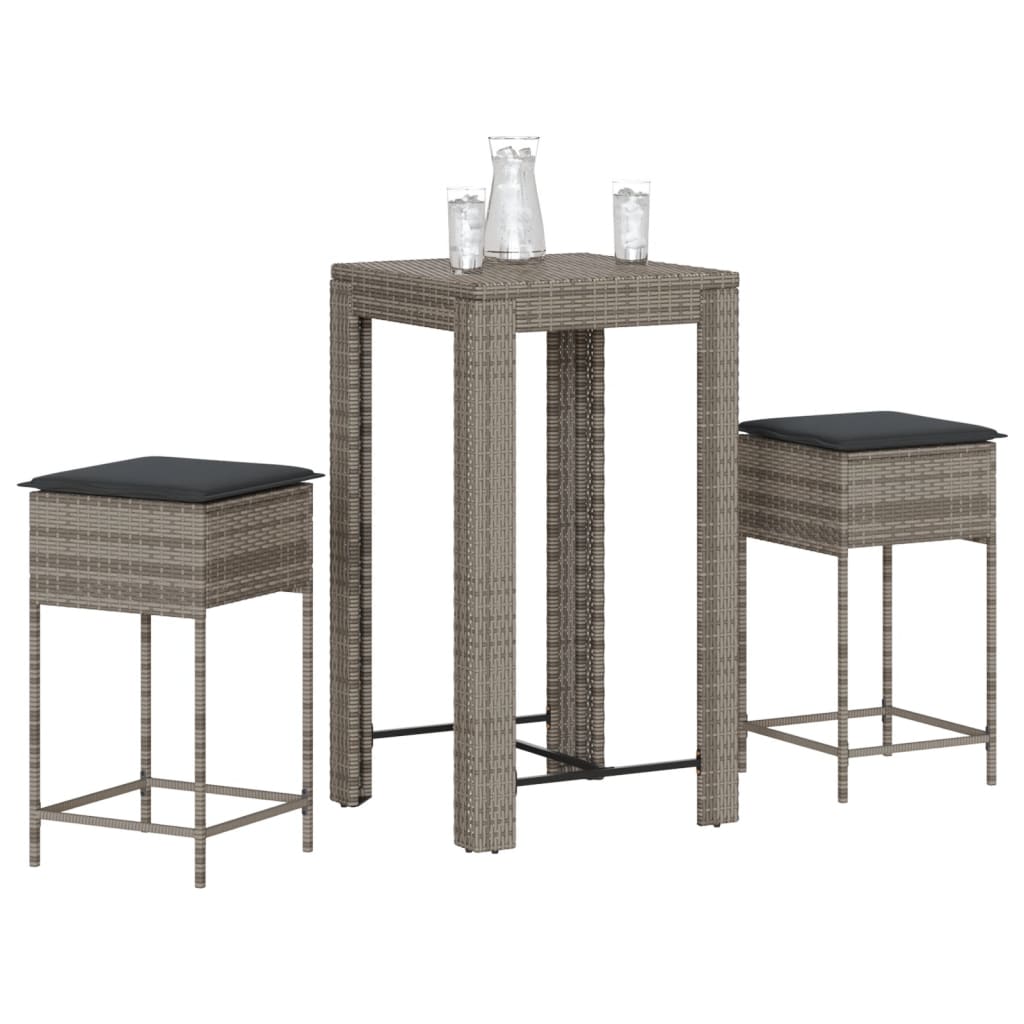 vidaXL 3-delige Tuinbarset met kussens poly rattan grijs