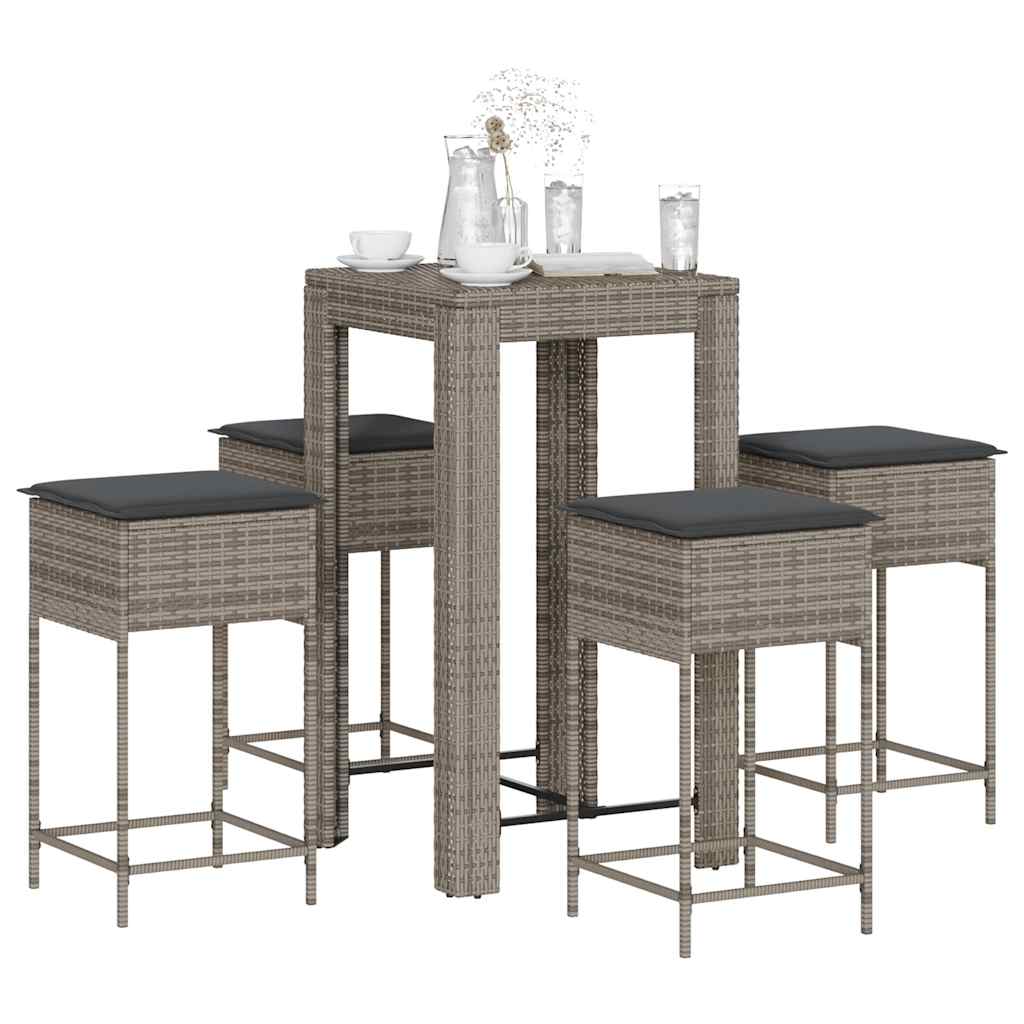 vidaXL 3-delige Tuinbarset met kussens poly rattan grijs