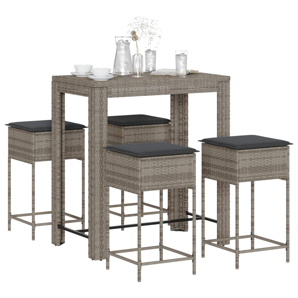 vidaXL 3-delige Tuinbarset met kussens poly rattan grijs