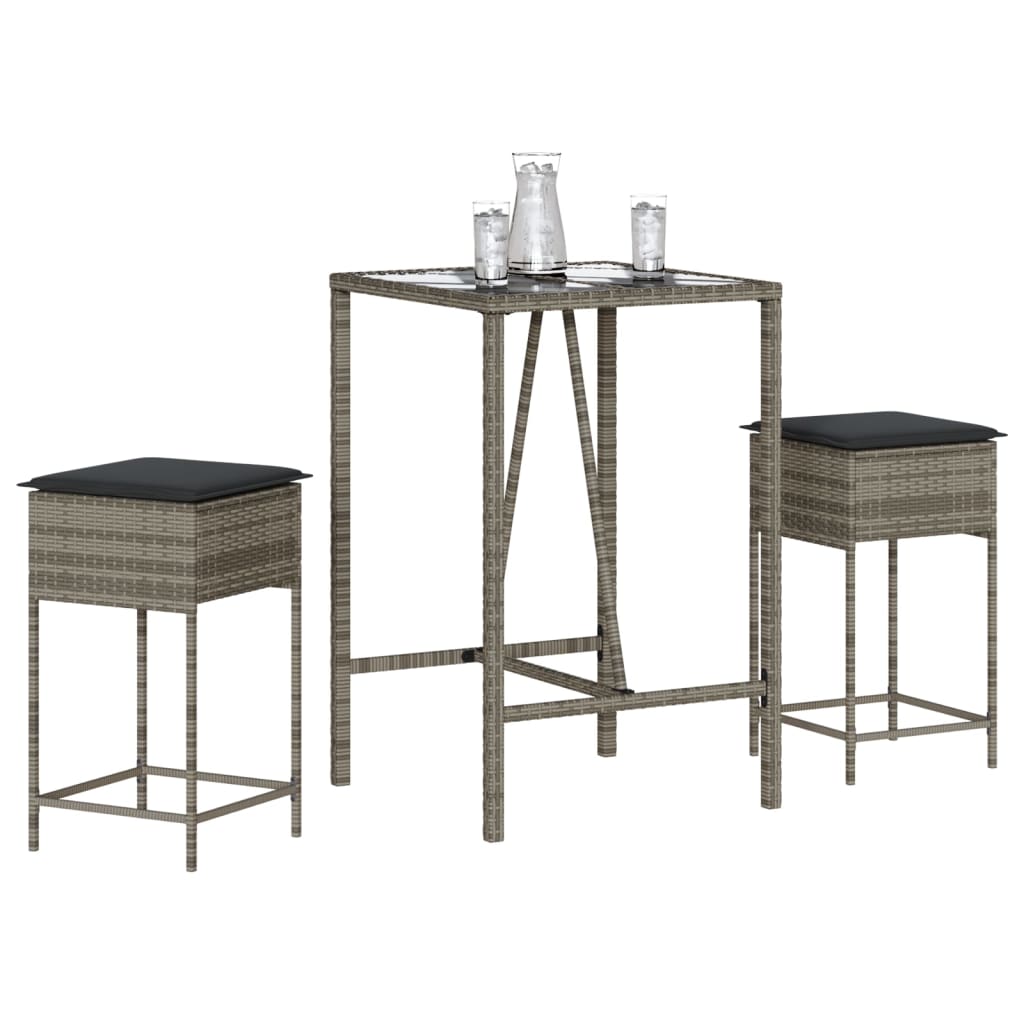 vidaXL 3-Piece Garden Bar Set with Cushions Poly Rattan Grey