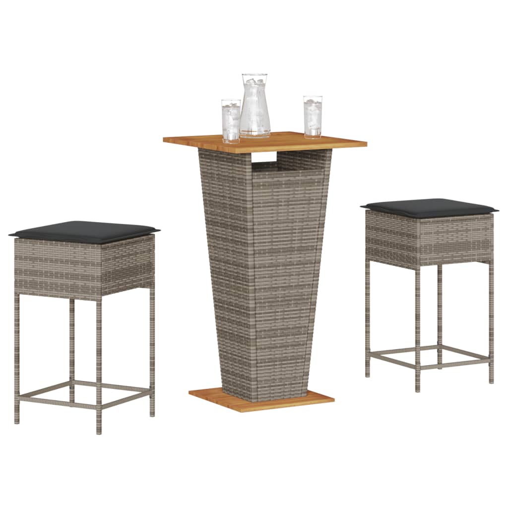 vidaXL 3-delige Tuinbarset met kussens poly rattan zwart
