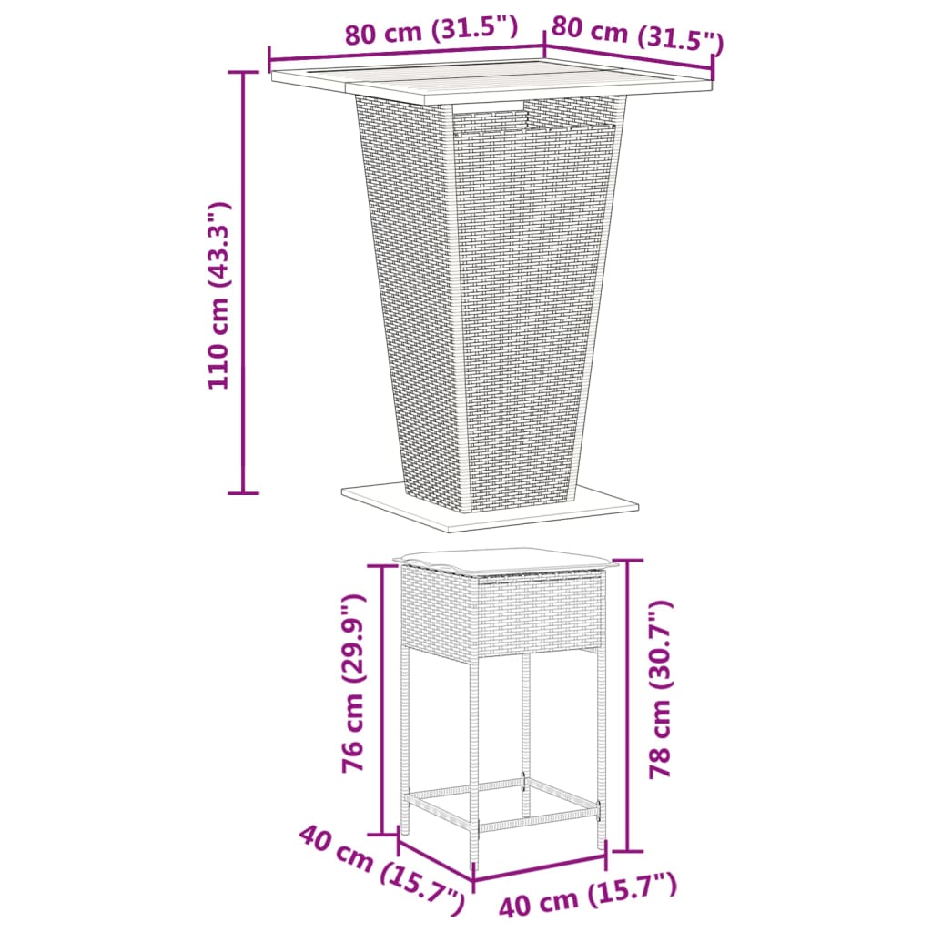 vidaXL 3-delige Tuinbarset met kussens poly rattan zwart