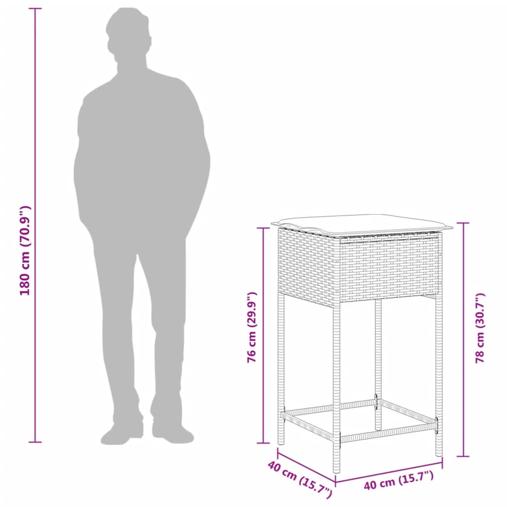 vidaXL 3-delige Tuinbarset met kussens poly rattan zwart