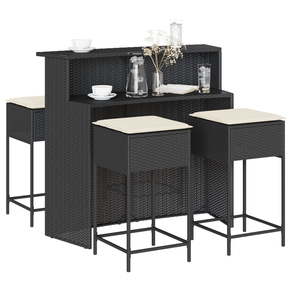 vidaXL 3-delige Tuinbarset met kussens poly rattan zwart