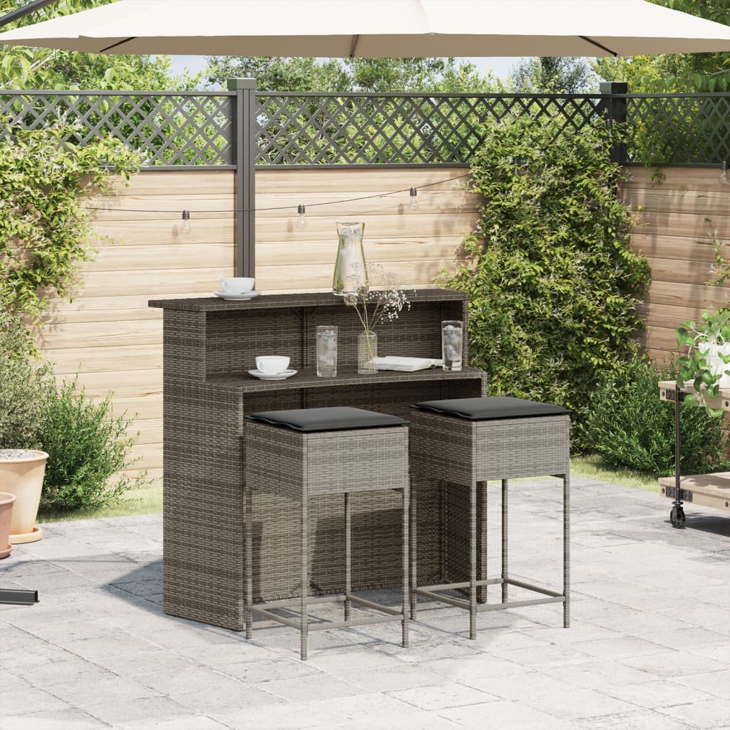 vidaXL 3-delige Tuinbarset met kussens poly rattan zwart