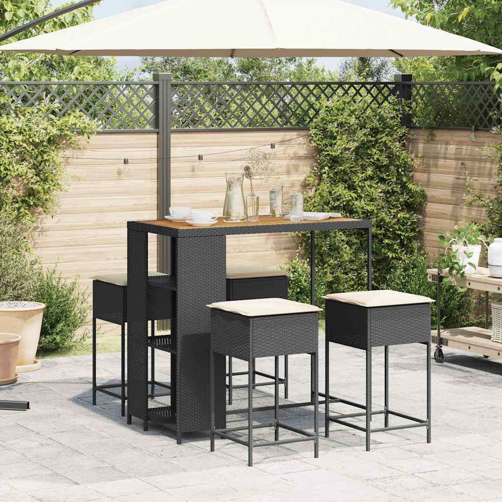 vidaXL 3-delige Tuinbarset met kussens poly rattan zwart