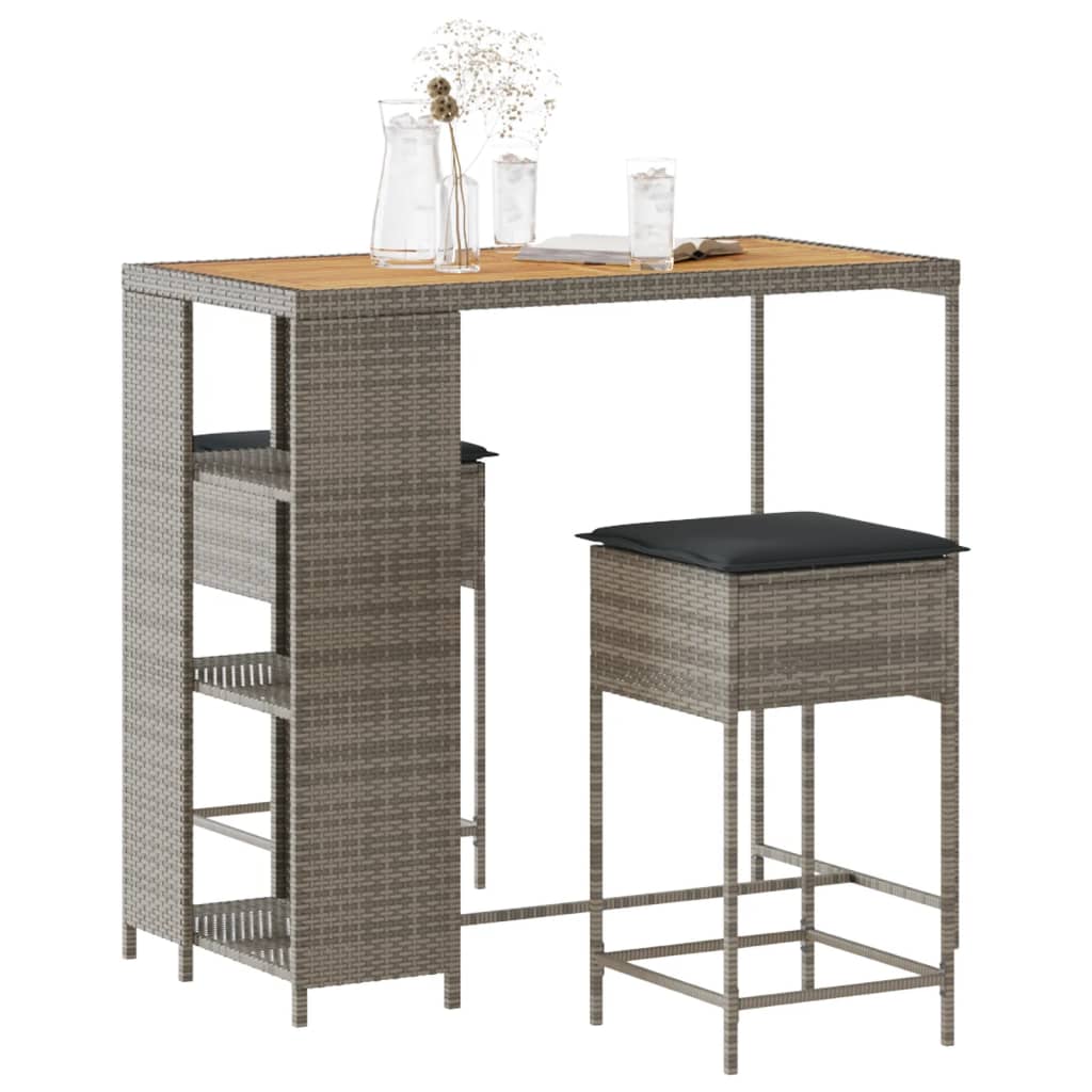 vidaXL 3-delige Tuinbarset met kussens poly rattan zwart