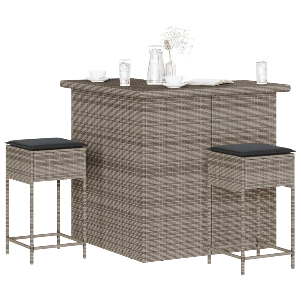 vidaXL 3-Piece Garden Bar Set with Cushions Poly Rattan Grey
