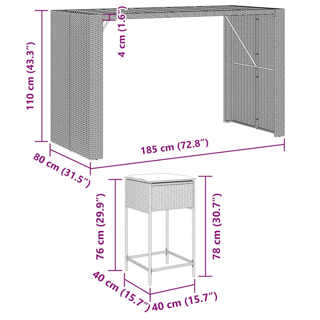 vidaXL 5-delige Tuinbarset met kussens poly rattan grijs