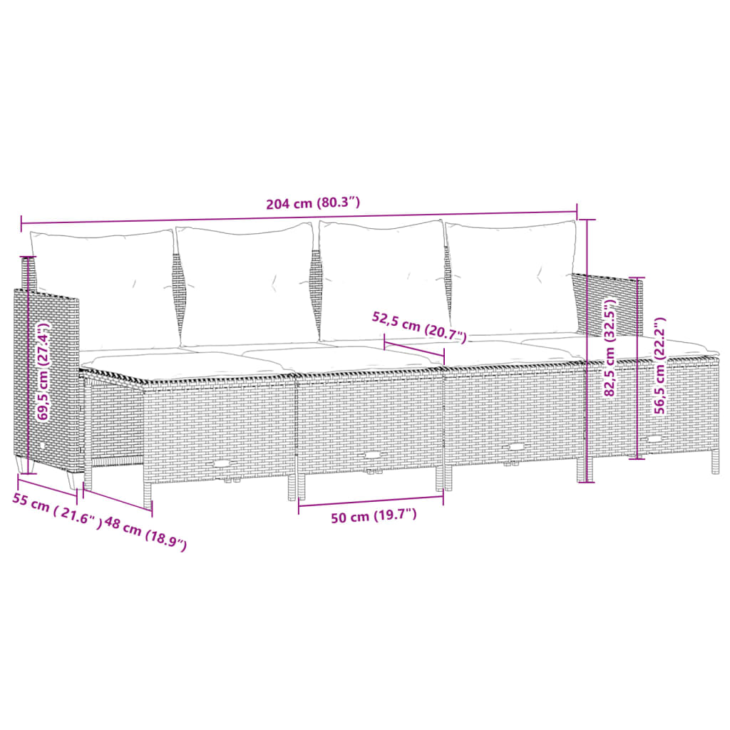 vidaXL 5-delige Loungeset met kussens poly rattan zwart