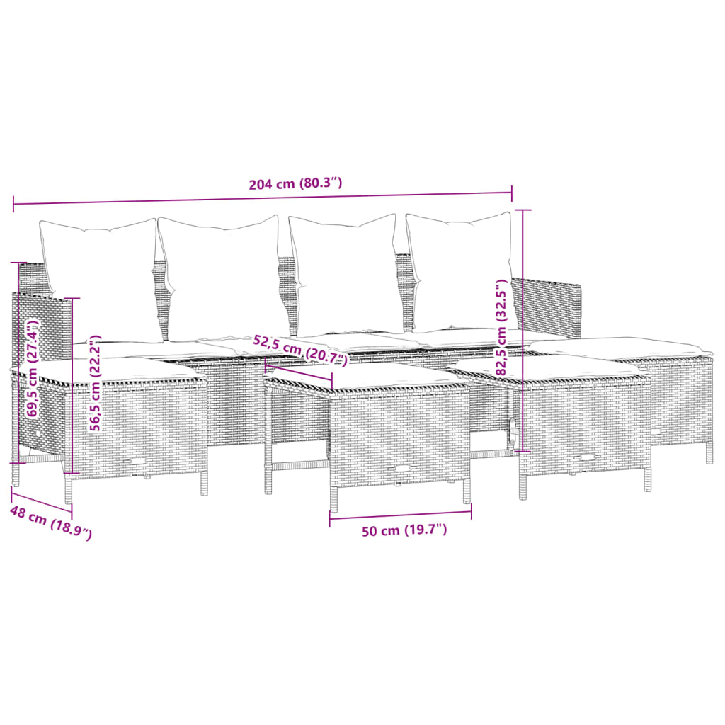vidaXL 5-delige Loungeset met kussens poly rattan zwart