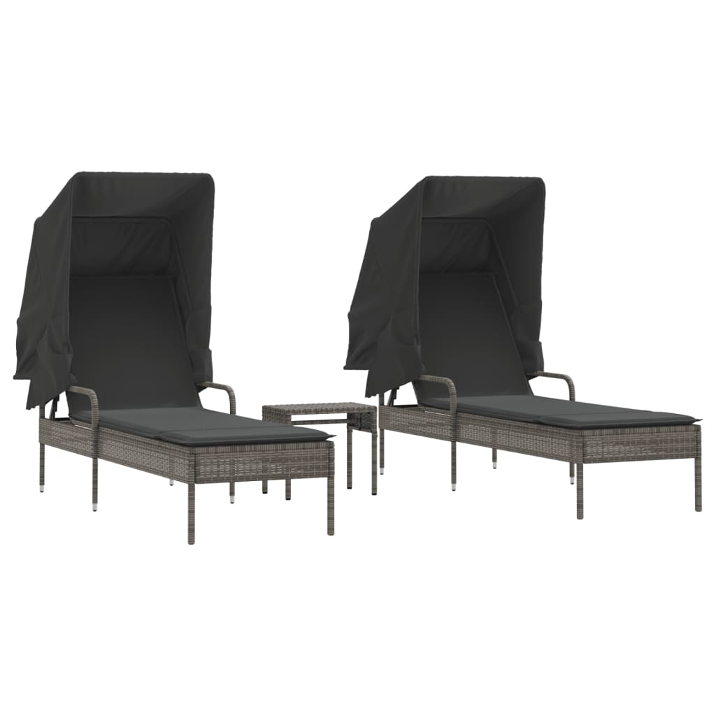 vidaXL Ligbedden 2 st met luifels en tafel poly rattan zwart