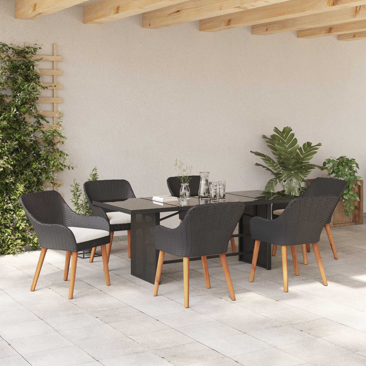 vidaXL Garden Dining Set with Cushions 7 pcs Black Poly Rattan
