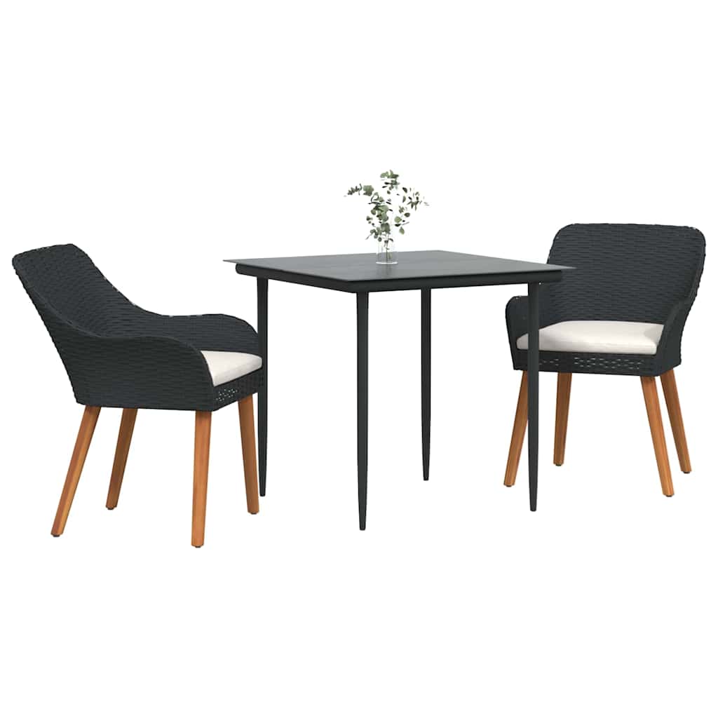 vidaXL Tuin Eettafel Set met kussen 3 pcs Zwart poly rattan