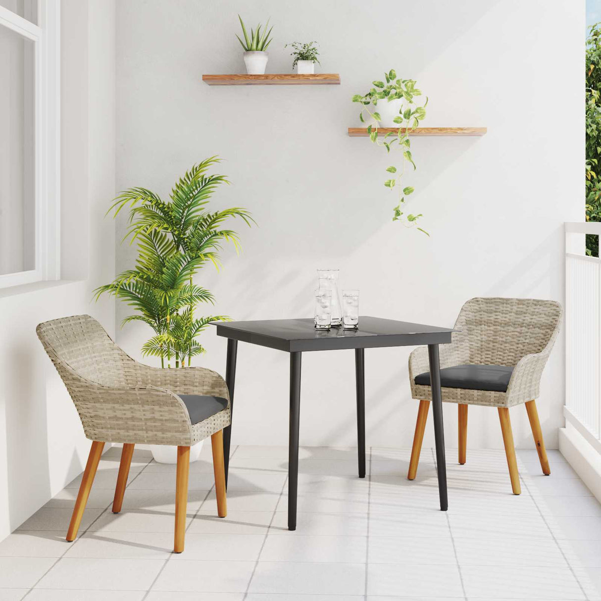 vidaXL Tuin Eettafel Set met kussen 3 pcs Lichtgrijs poly rattan