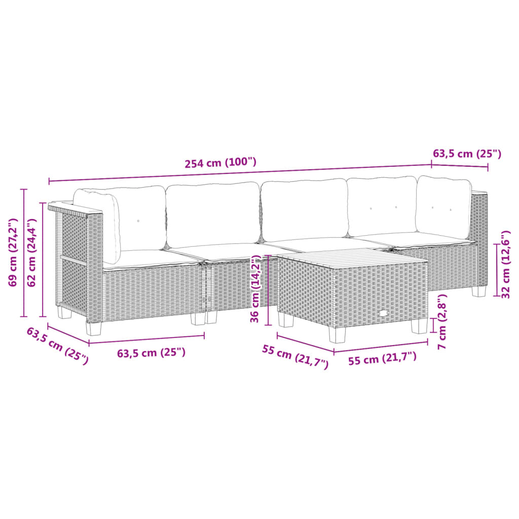 vidaXL 5-delige Loungeset met kussens poly rattan zwart
