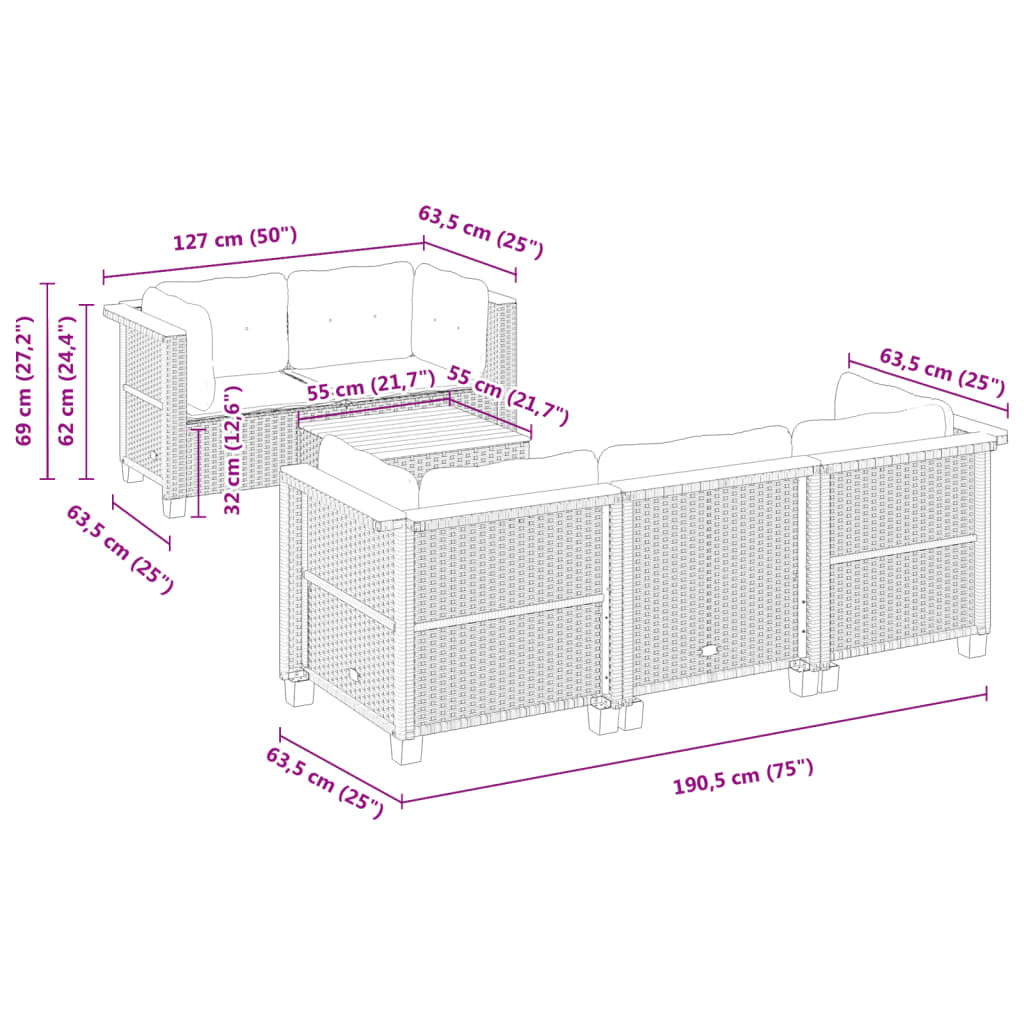 vidaXL 6-delige Loungeset met kussens poly rattan zwart