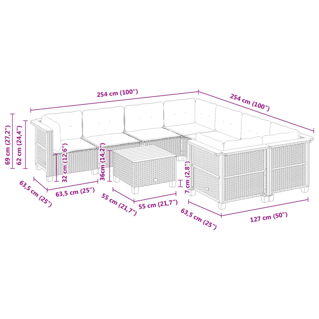 vidaXL 9-delige Loungeset met kussens poly rattan zwart