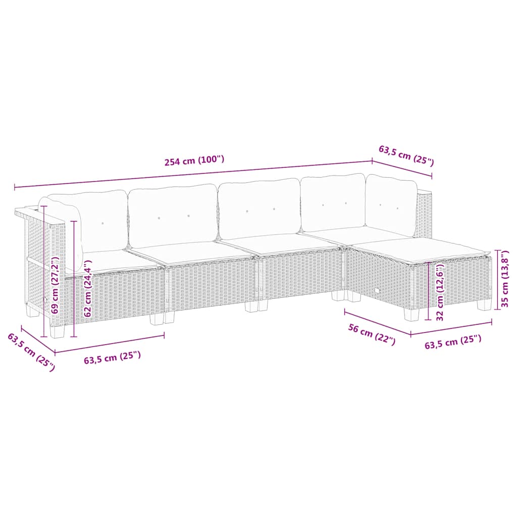 vidaXL 5-delige Loungeset met kussens poly rattan zwart