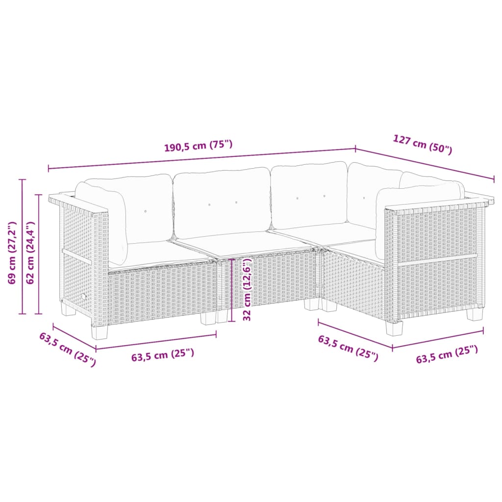 vidaXL 4-delige Loungeset met kussens poly rattan zwart