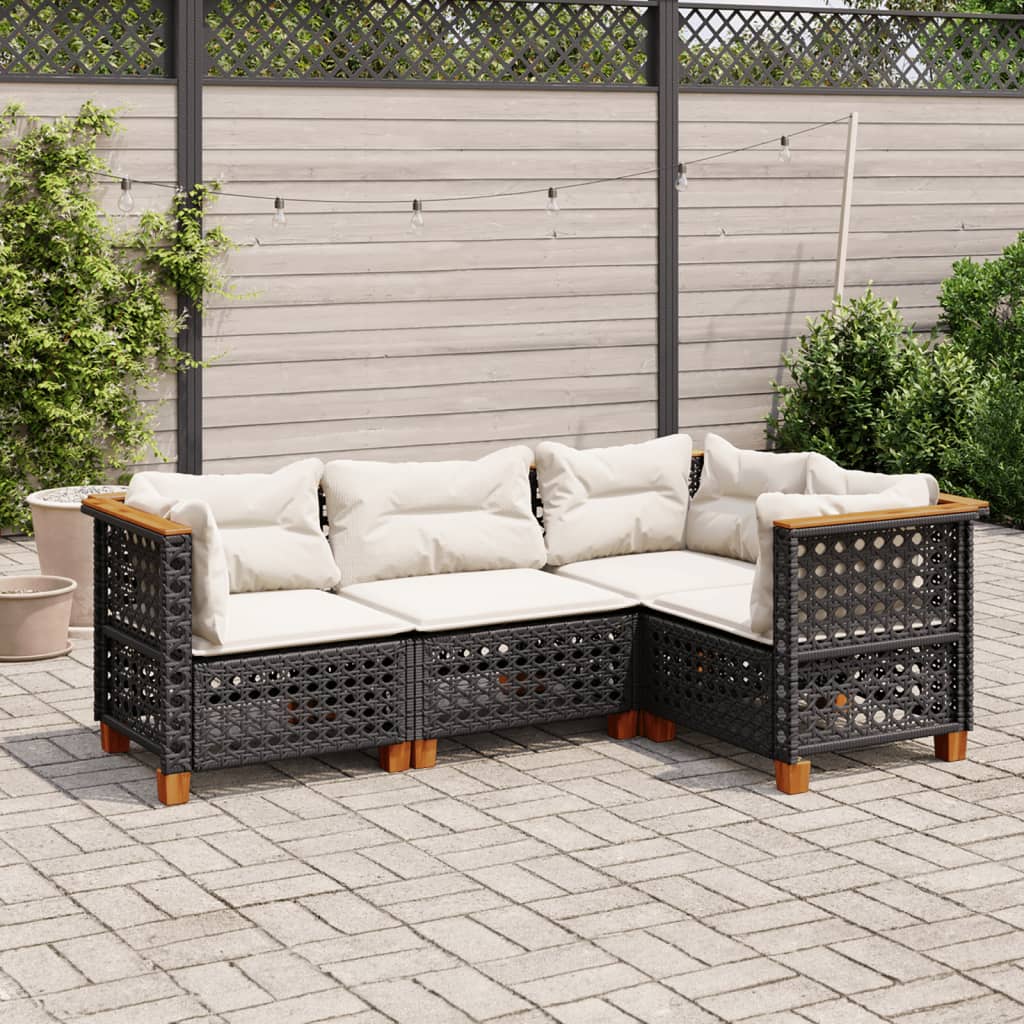 vidaXL 4-delige Loungeset met kussens poly rattan zwart