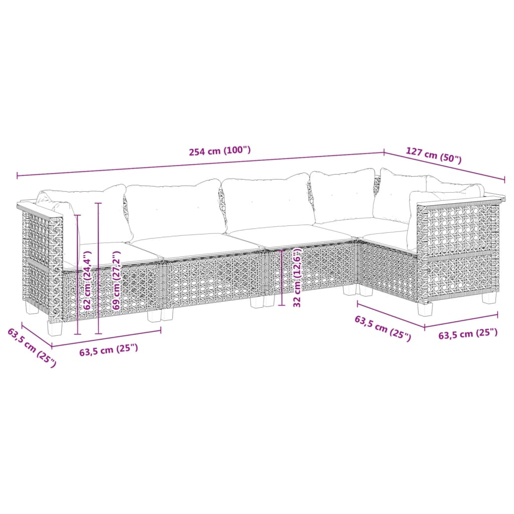 vidaXL 5-delige Loungeset met kussens poly rattan zwart
