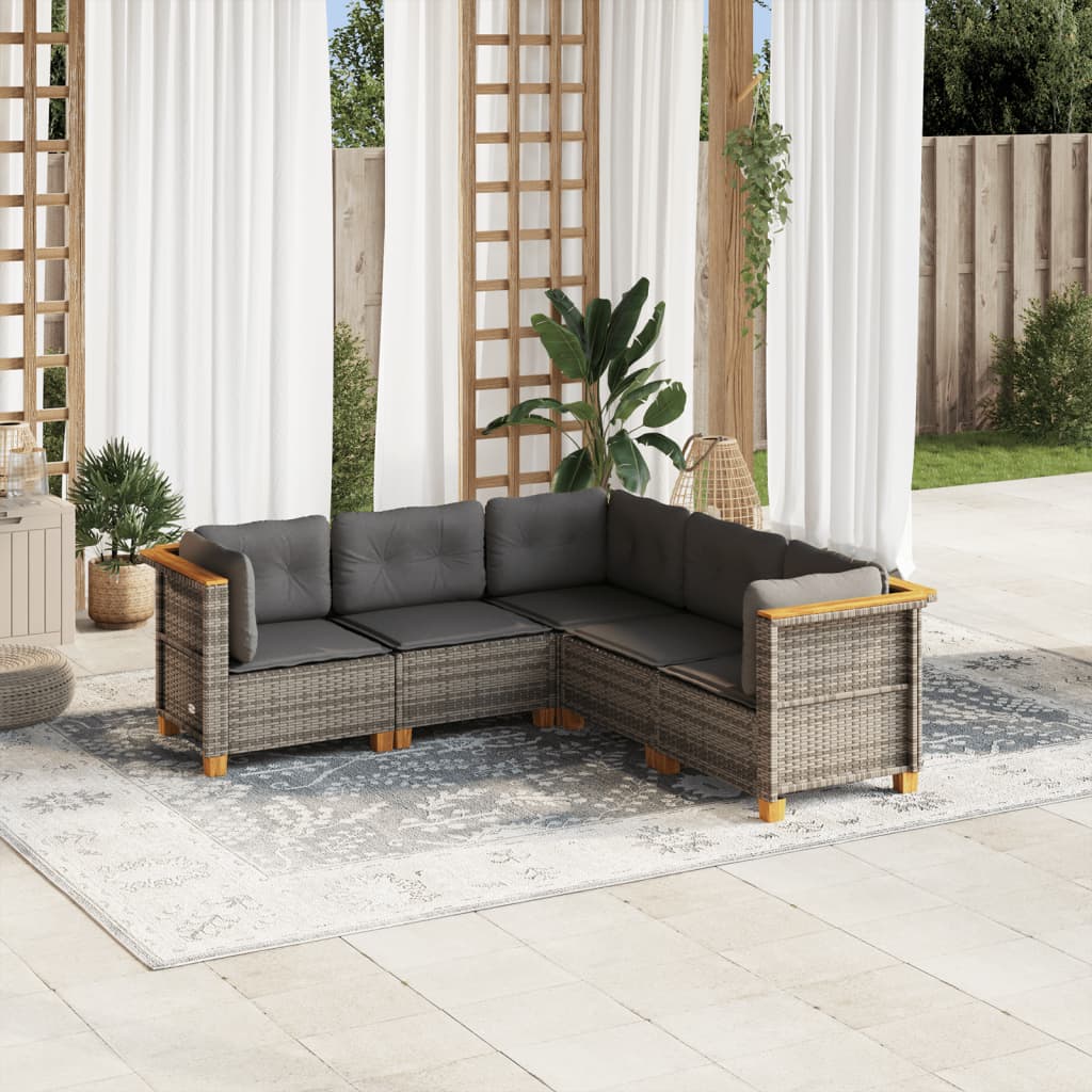 vidaXL 5-delige Loungeset met kussens poly rattan zwart