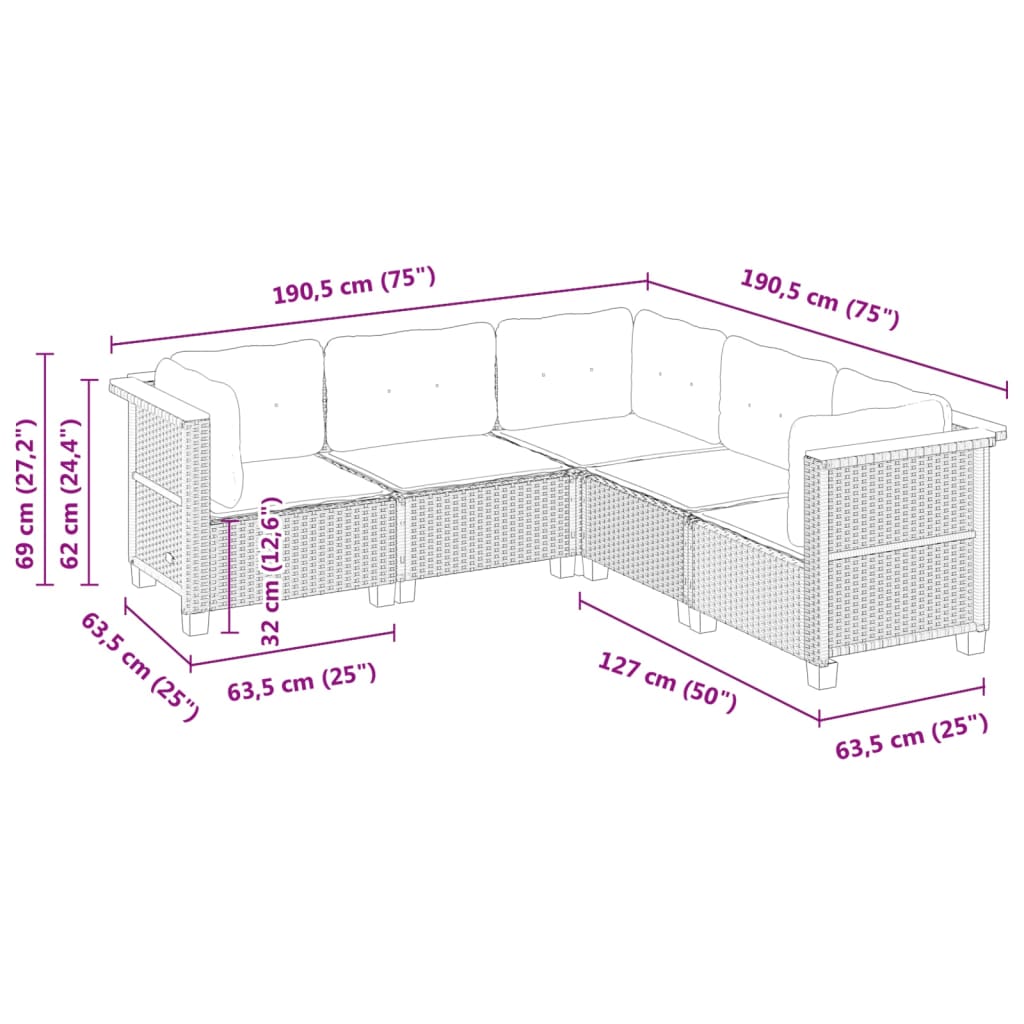 vidaXL 5-delige Loungeset met kussens poly rattan zwart