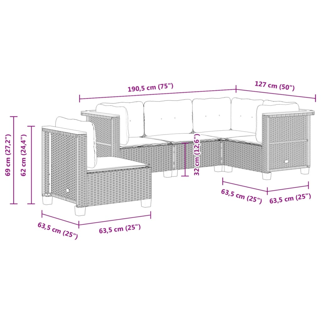 vidaXL 5-delige Loungeset met kussens poly rattan zwart