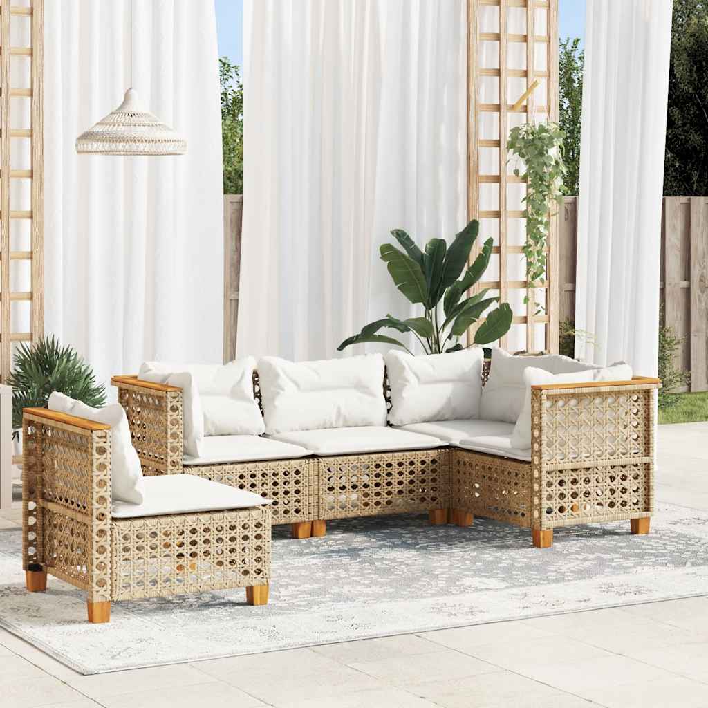 vidaXL 5-delige Loungeset met kussens poly rattan zwart