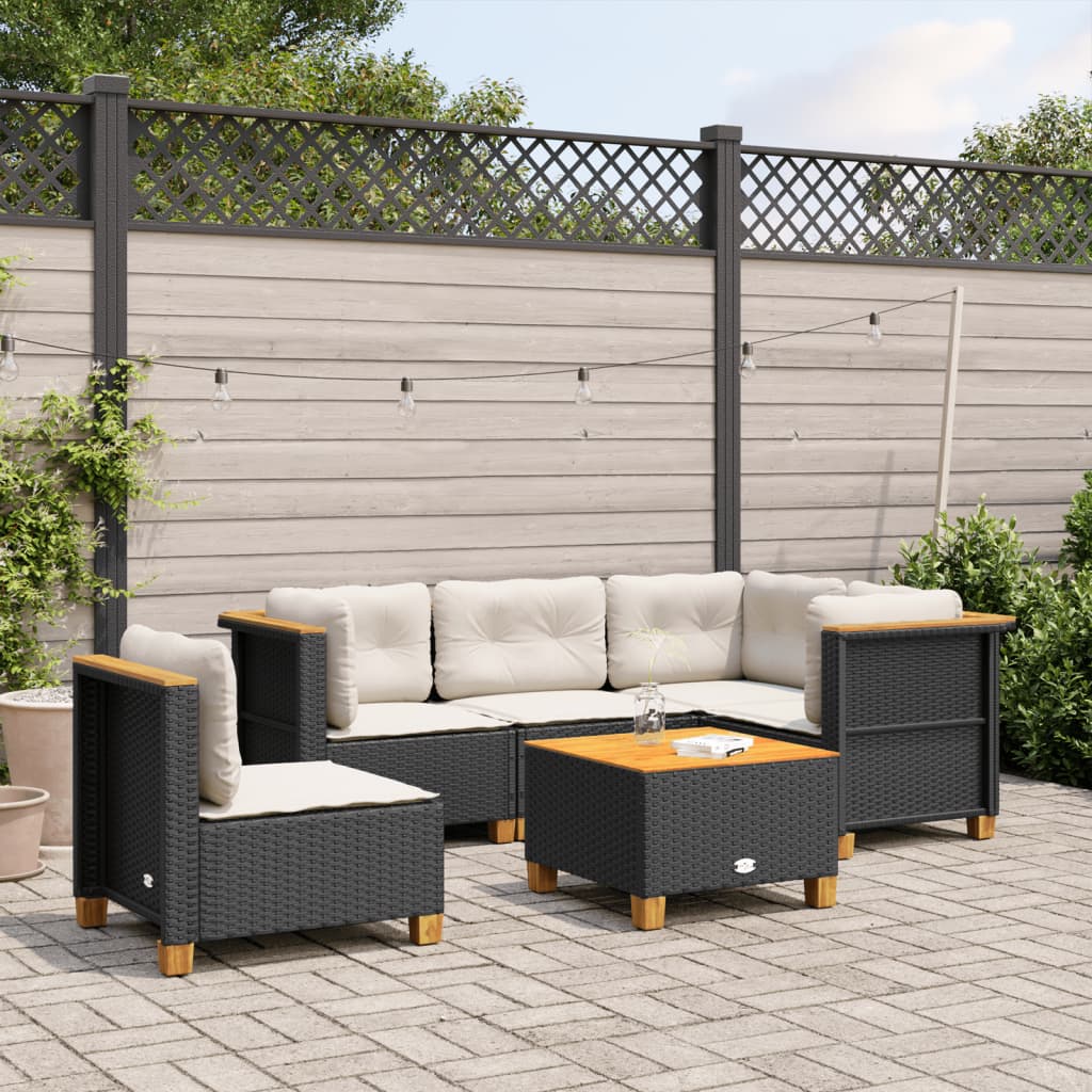 vidaXL 5-delige Loungeset met kussens poly rattan zwart