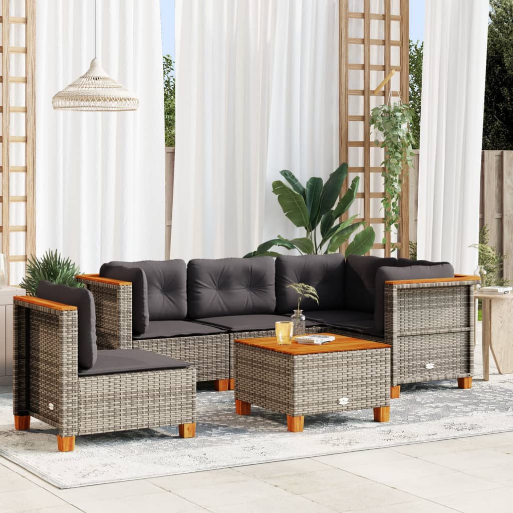 vidaXL 5-delige Loungeset met kussens poly rattan zwart