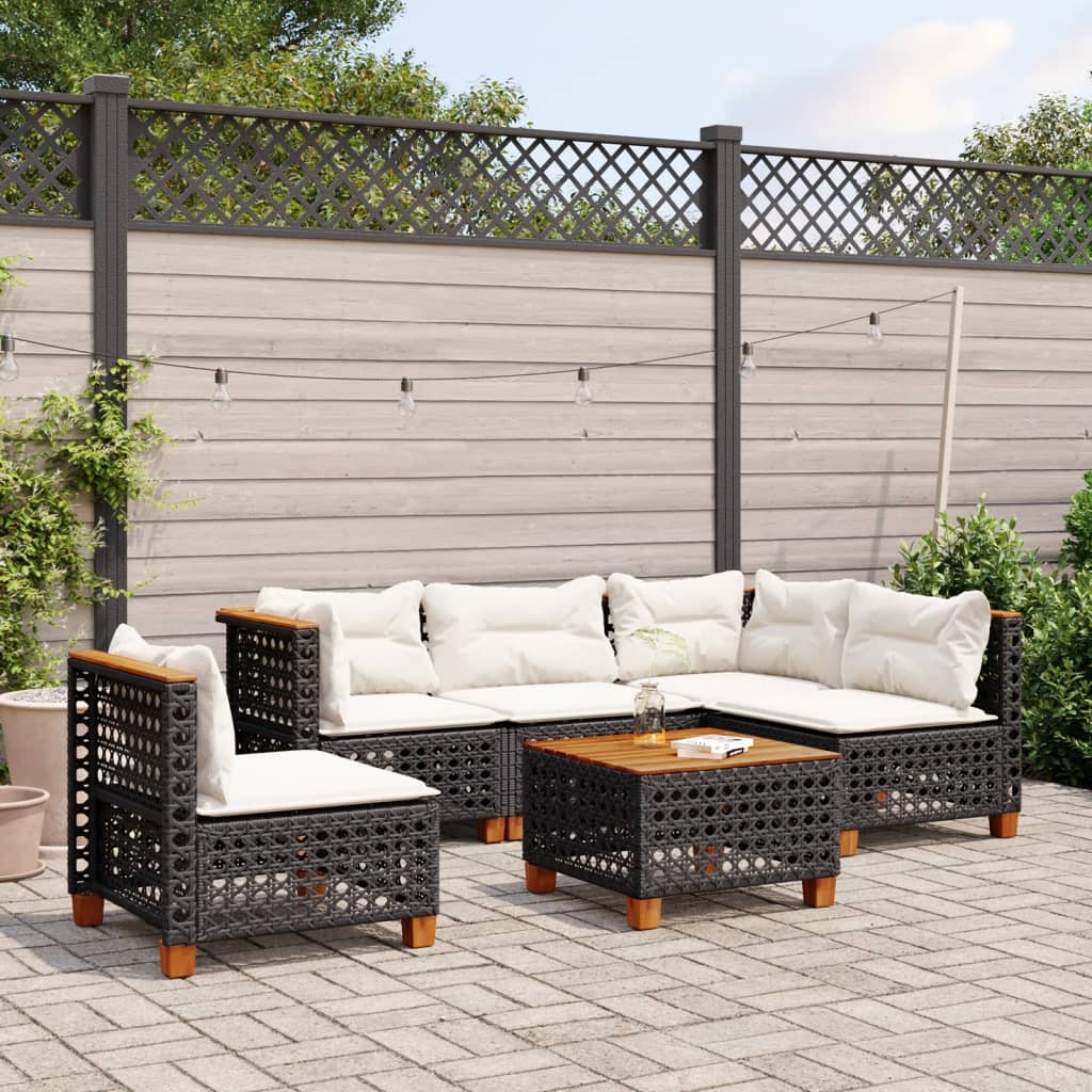 vidaXL 5-delige Loungeset met kussens poly rattan zwart