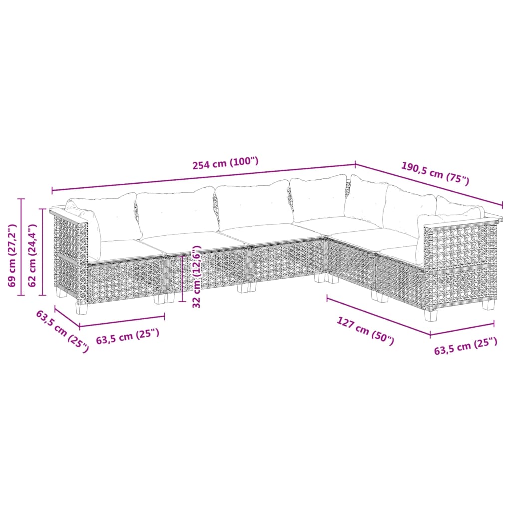 vidaXL 6-delige Loungeset met kussens poly rattan zwart