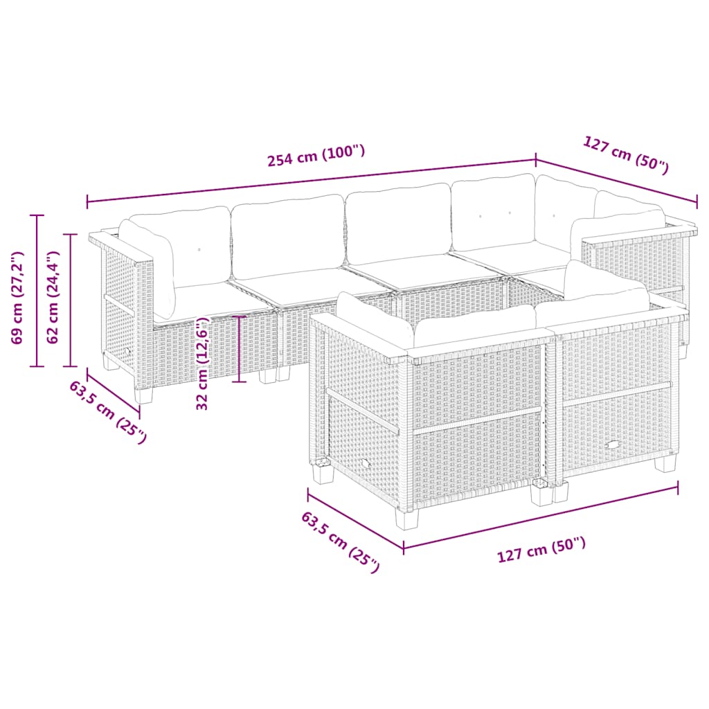 vidaXL 7-delige Loungeset met kussens poly rattan zwart