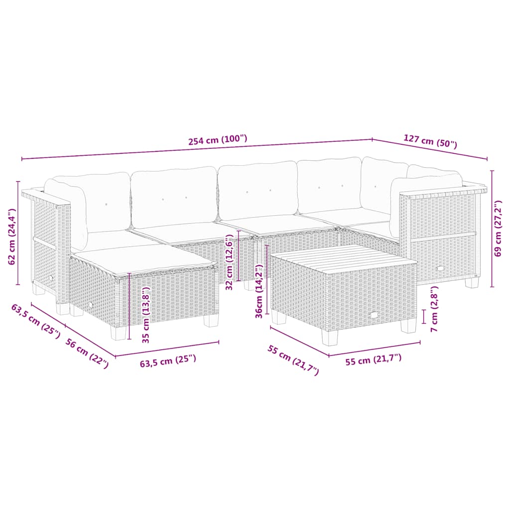 vidaXL 7-delige Loungeset met kussens poly rattan zwart