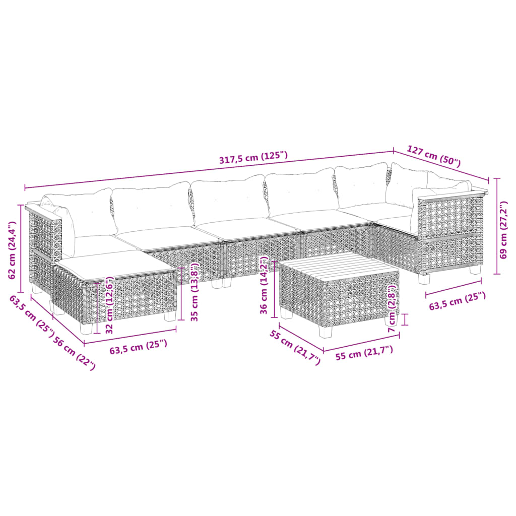 vidaXL 8-Piece Poly Rattan Lounge Set with Cushions Black