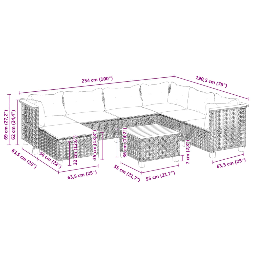 vidaXL 7-delige Loungeset met kussens poly rattan zwart