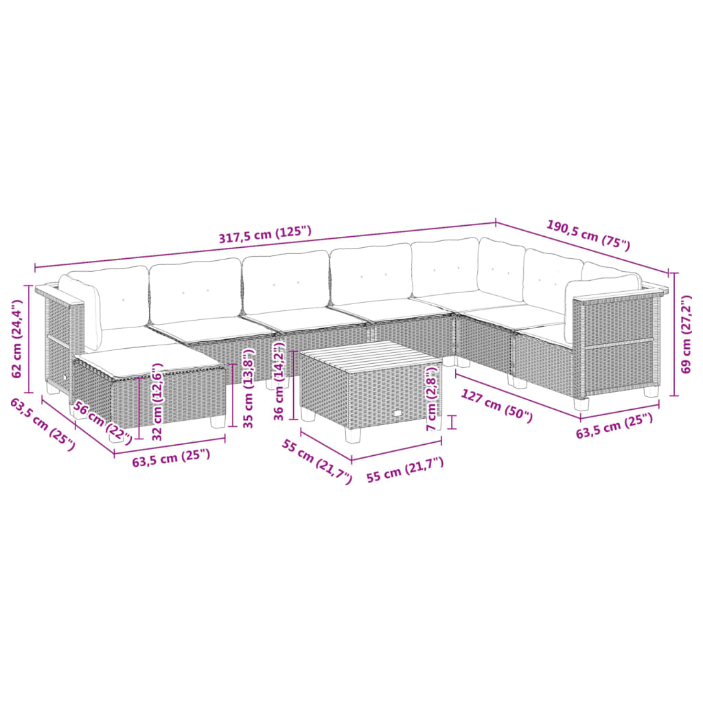 vidaXL 8-delige Loungeset met kussens poly rattan zwart