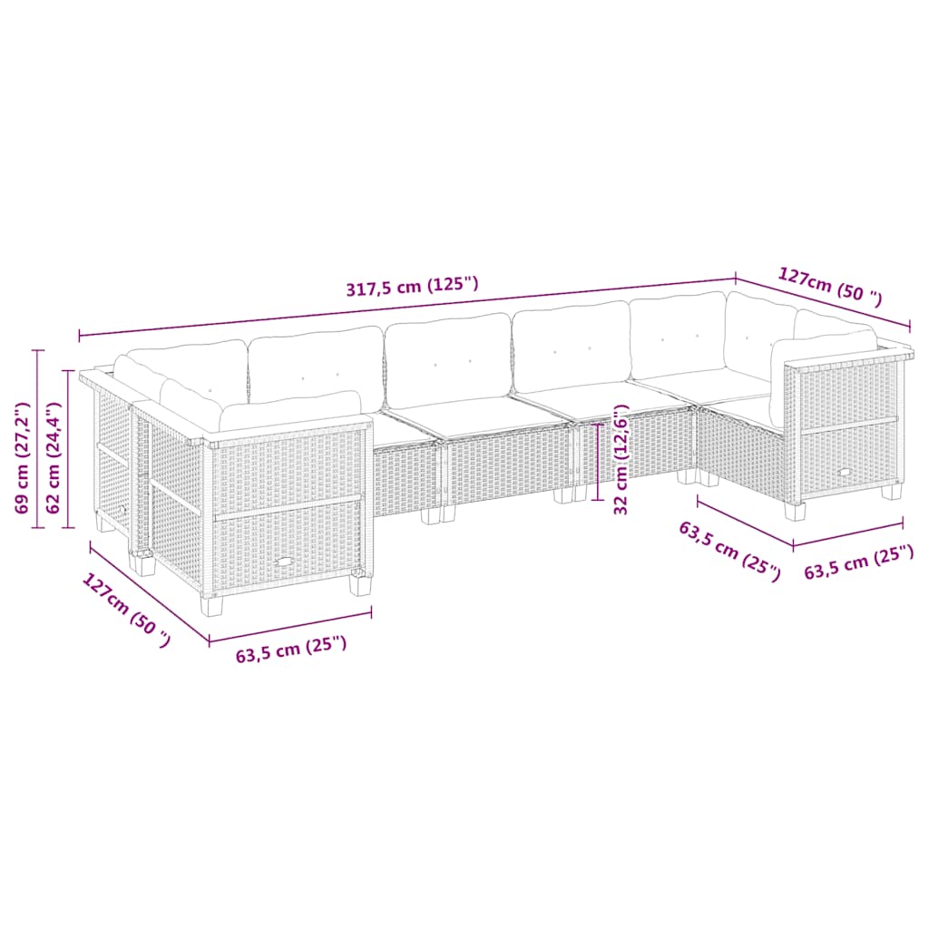 vidaXL 7-Piece Lounge Set with Cushions Poly Rattan Black