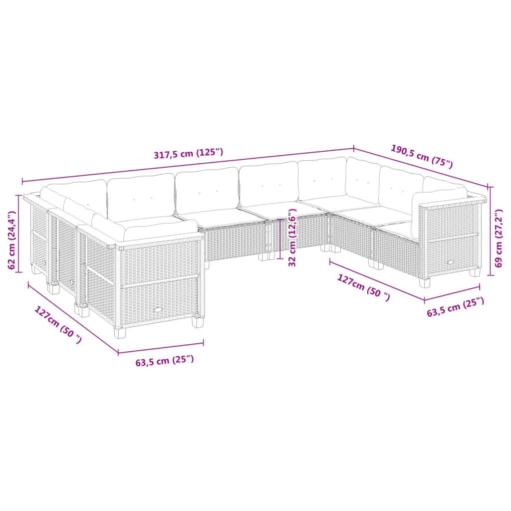 vidaXL 9-delige Loungeset met kussens poly rattan zwart