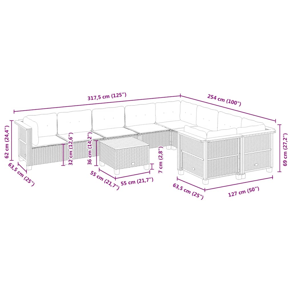 vidaXL 10-delige Loungeset met kussens poly rattan zwart
