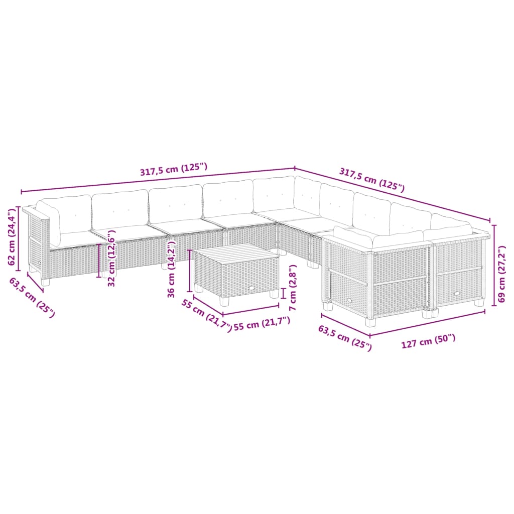 vidaXL 10-Piece Lounge Set with Cushions Poly Rattan Black