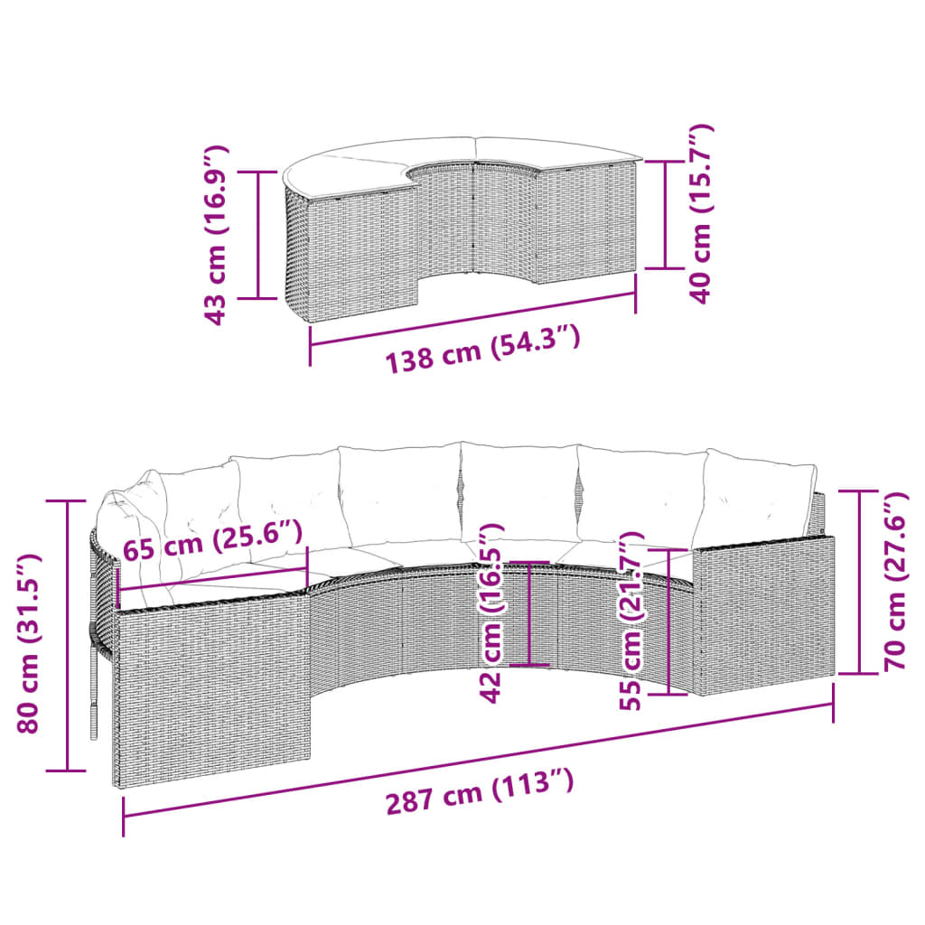 vidaXL 2-delige Loungeset halfrond poly rattan zwart