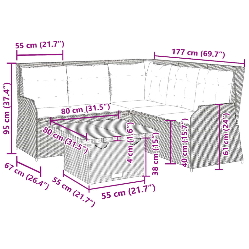 vidaXL 4-delige Loungeset met kussens poly rattan zwart