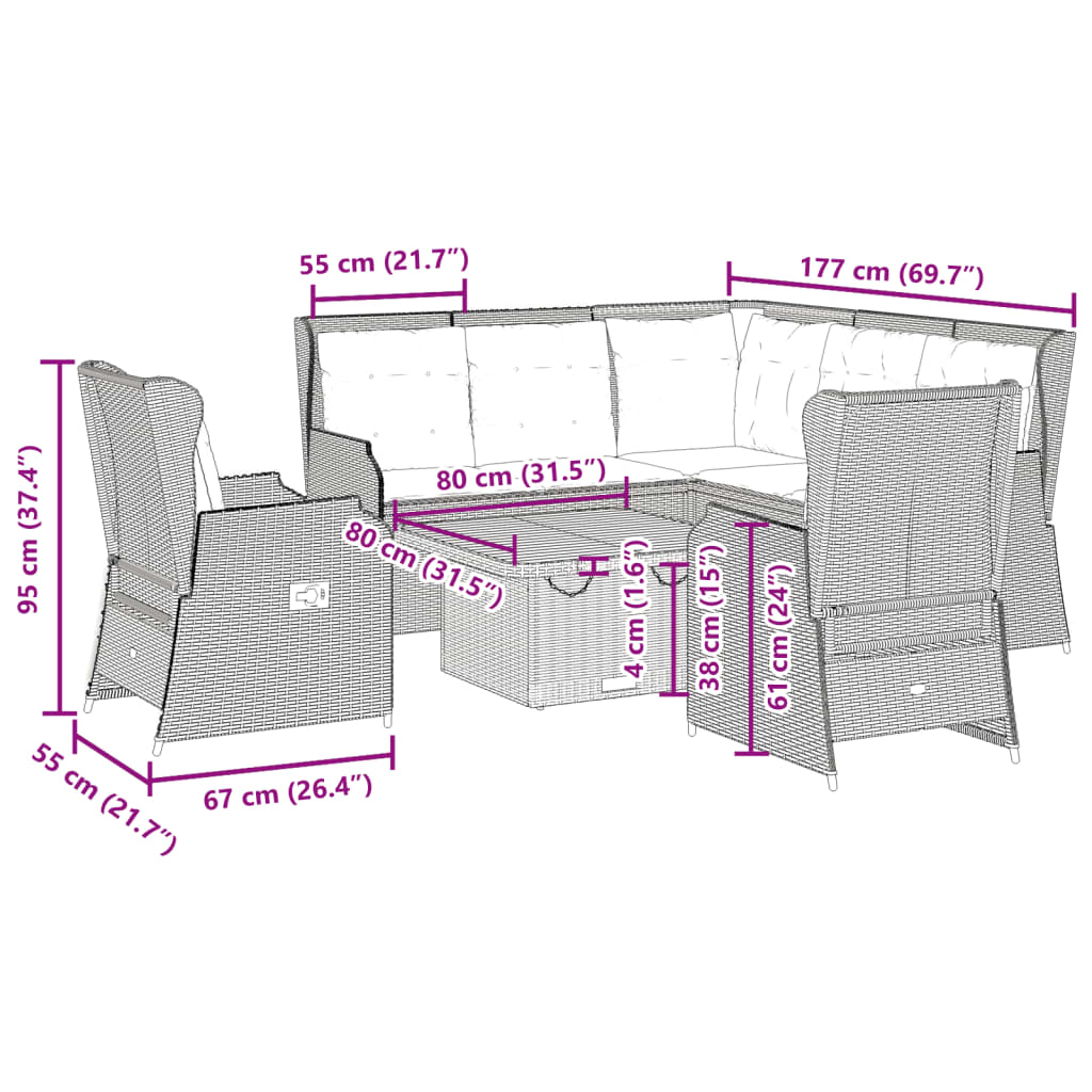 vidaXL 6-delige Loungeset met kussens poly rattan grijs