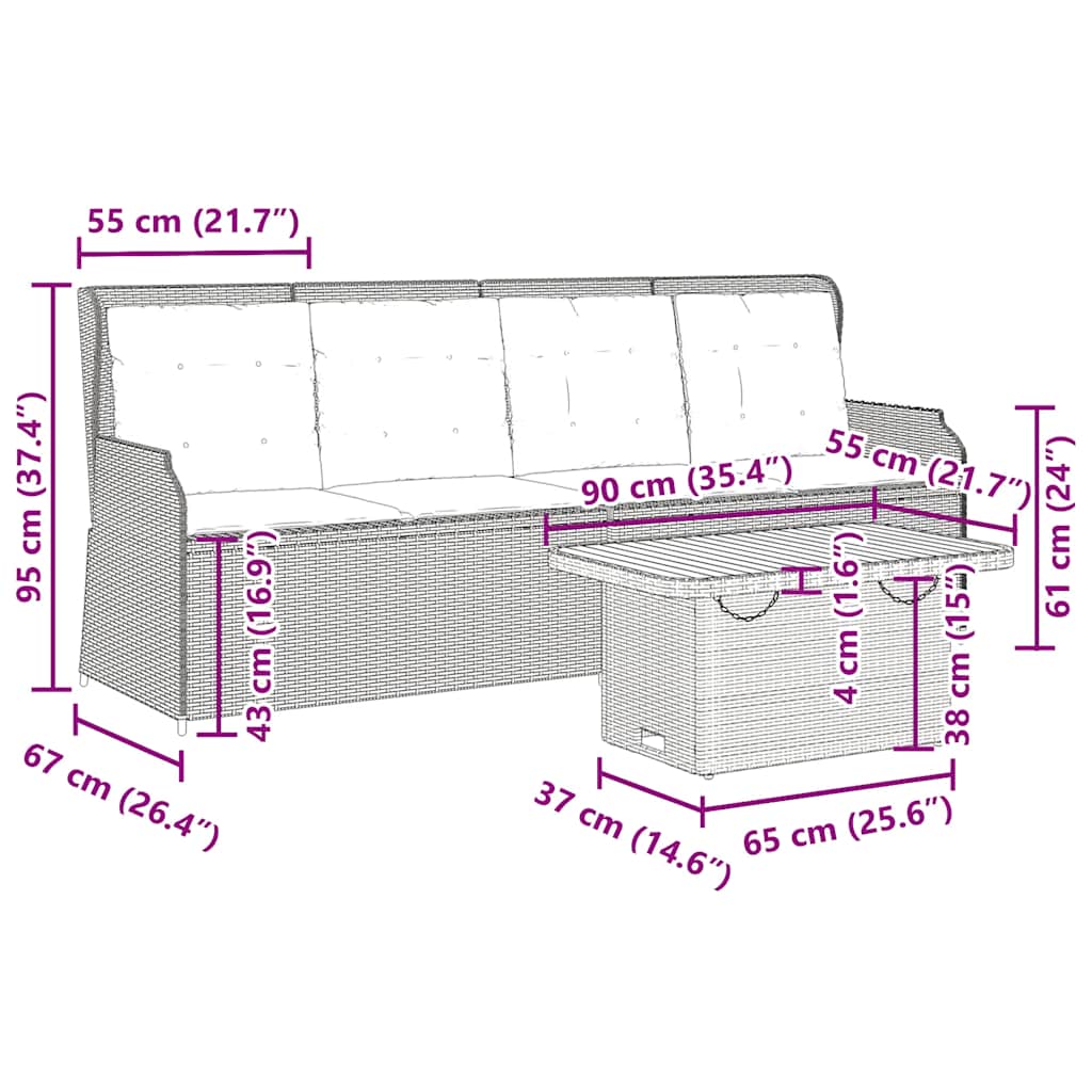 vidaXL 3-delige Loungeset met kussens poly rattan zwart